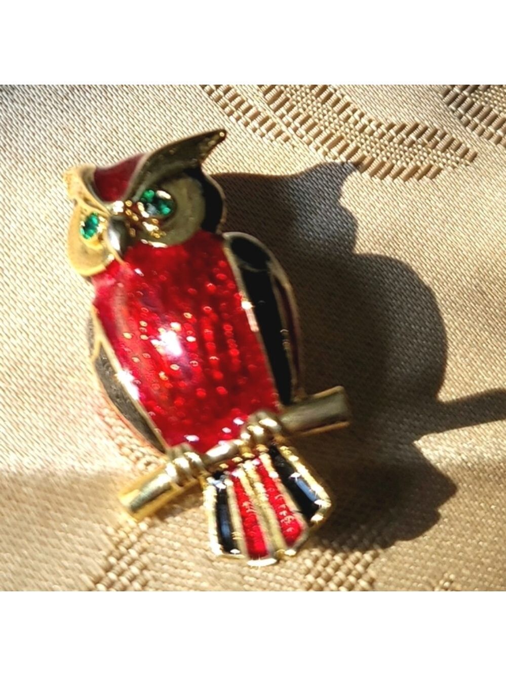 Gold Tone Red Owl Brooch